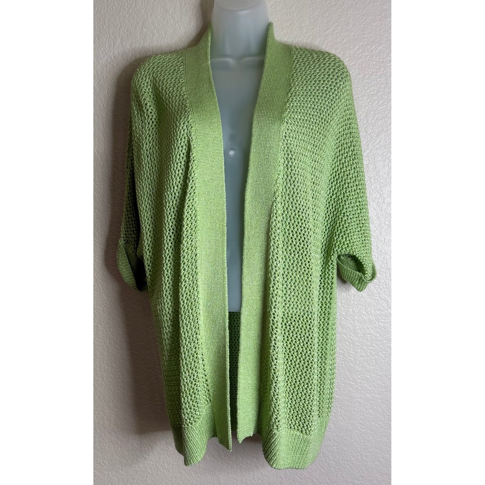 Chicos 2 US L Cardigan Lime Green Open Front Knit Short Sleeve Sweater Beach